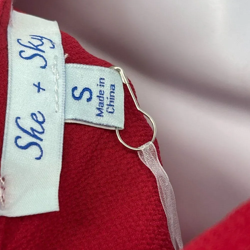 She & Sky Wrap V-Neck Side Tie Red Ruffle Romper Small - Picture 8 of 9